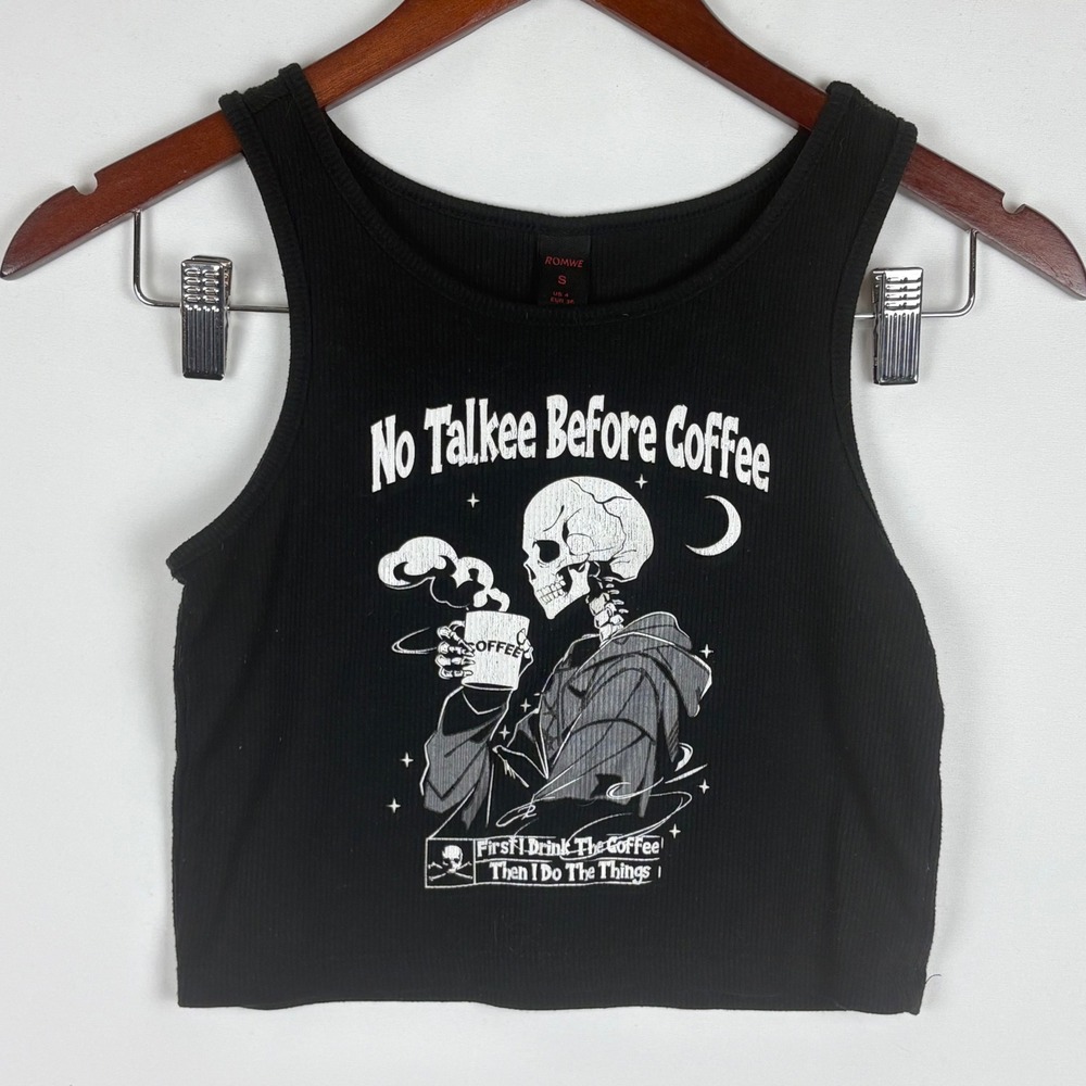 ROMWE Tank Top Skeleton Coffee Graphic Ribbed Crop Top